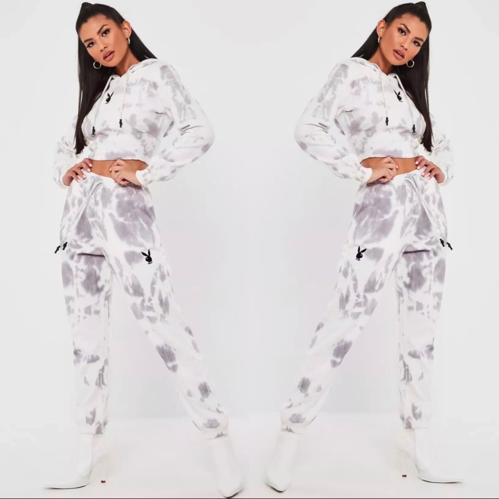 MissGuided X Playboy joggers and crop top hoodie